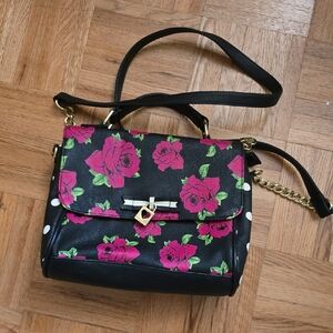 Floral Black Satchel Handbag with Gold Accent